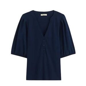 Madewell Puff-Sleeve Henley Knit Top in Midnight Navy